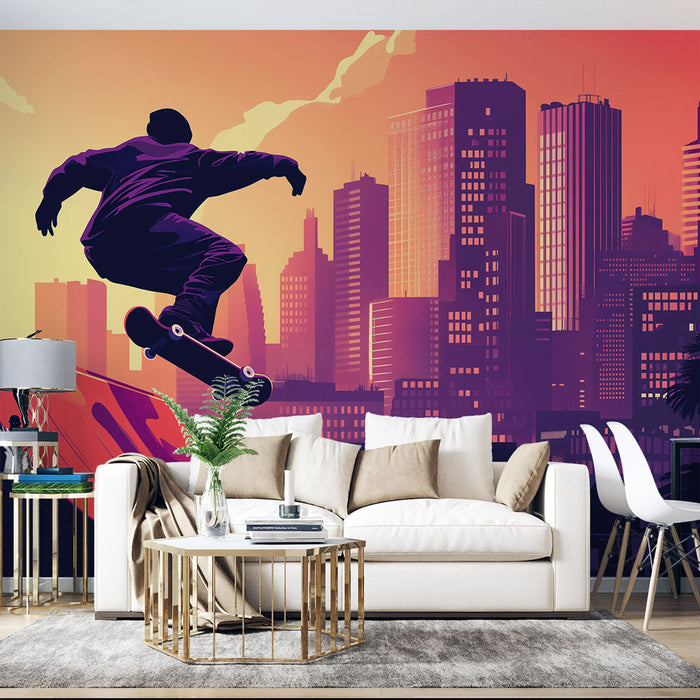 Falikép gördeszka | Gördeszkás teljes akcióban élénk városi háttérrel