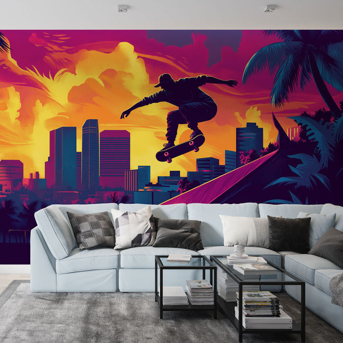 Skateboard s mural tapetom | Dinamična muralna umjetnost s skateboarderom u sredini skoka protiv šarene gradske pozadine