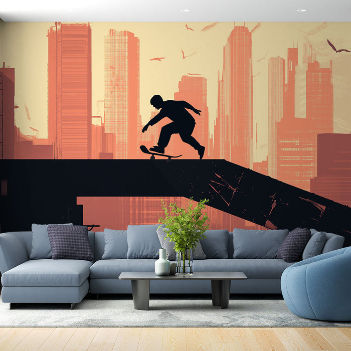 Papel de parede skateboard | Silhueta de skatista em um fundo urbano quente