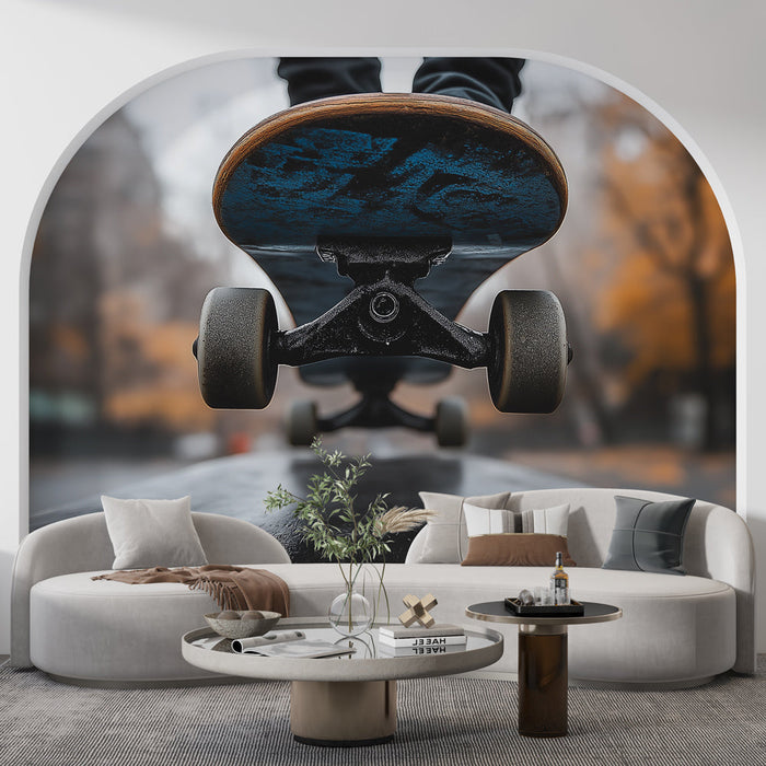 Papel de parede de skate | Skate estilizado em um fundo outonal desfocado