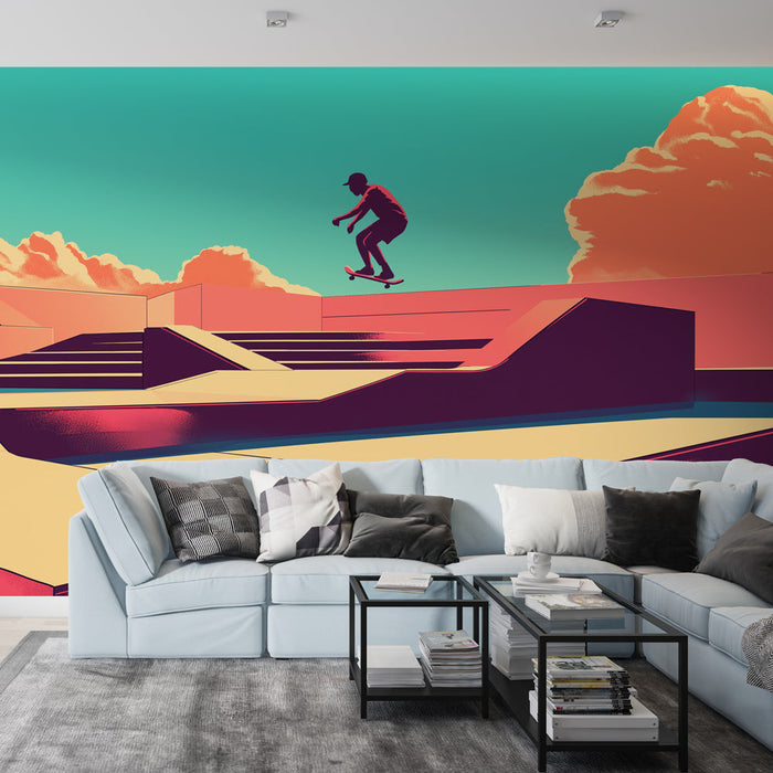 Stenska tapeta skateboard | Sodobni skatepark pod barvitim nebom