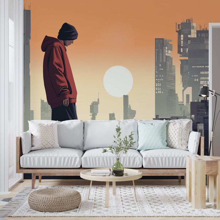 Tapete skateboard | Skater in einer futuristischen urbanen Landschaft bei Sonnenuntergang