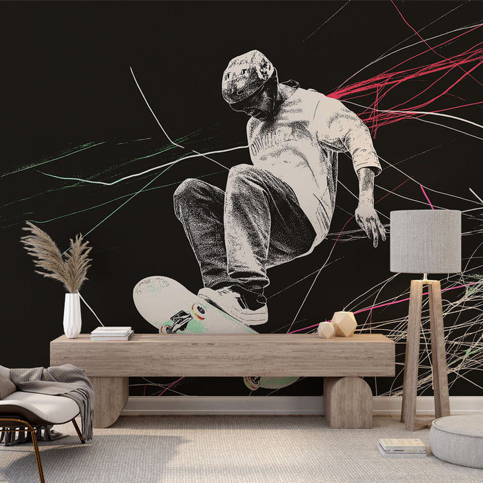 Tapeta skateboard | Dinamičen rolkar v akciji z barvitimi potezami