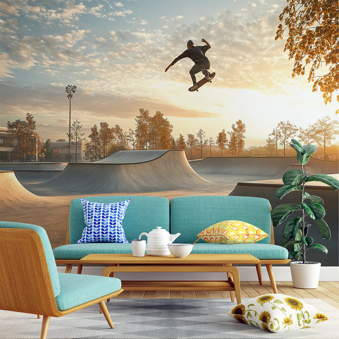 Carta da parati skateboard | Uno skateboarder a mezz'aria al tramonto