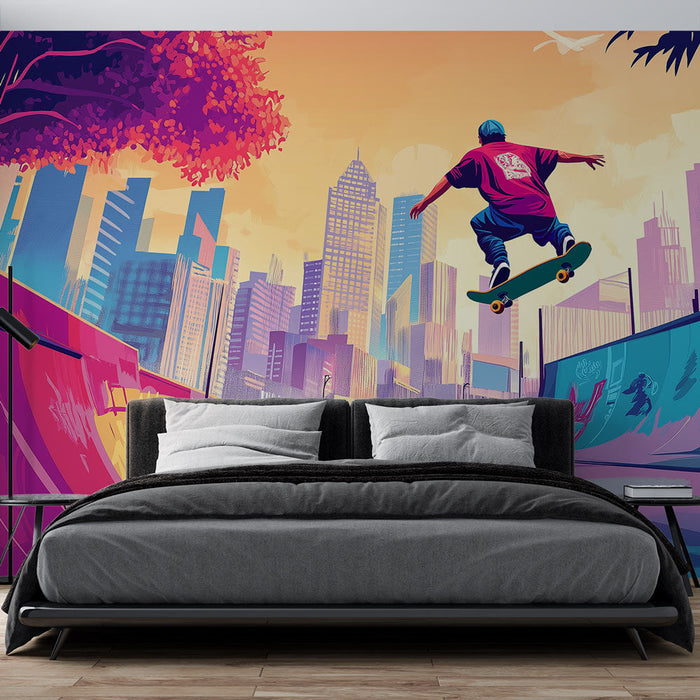 Tapete skateboard | Ein Skateboarder in der Luft über einem lebhaften städtischen Skatepark