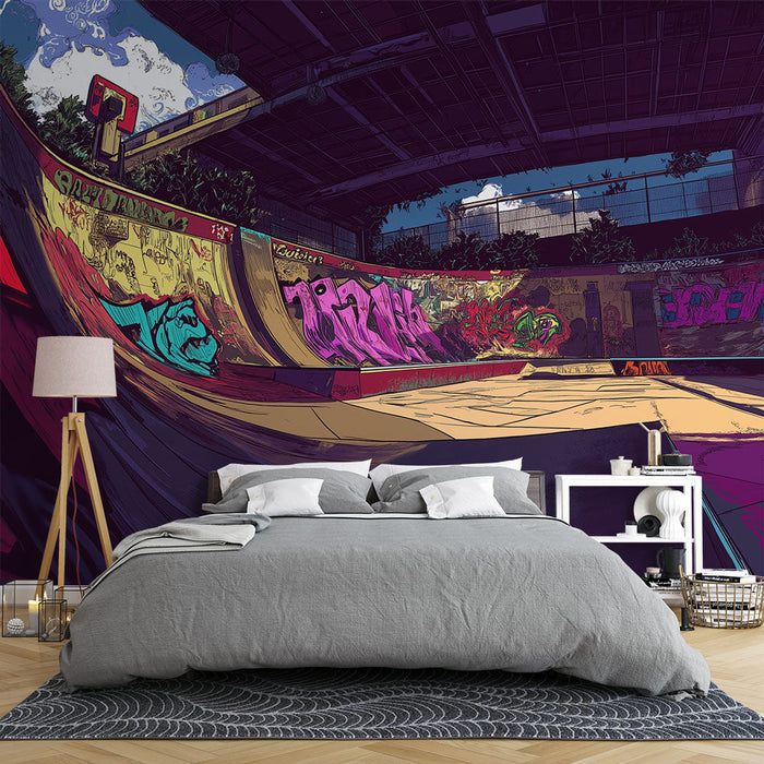 Falfestmény tapéta skatepark | Városi hangulat színes graffiti-vel és stilizált skateparkkal
