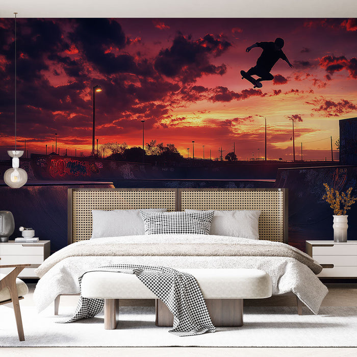 Tapete Skatepark bei Sonnenuntergang | Lebendige urbane Szene mit einem Skater in voller Aktion