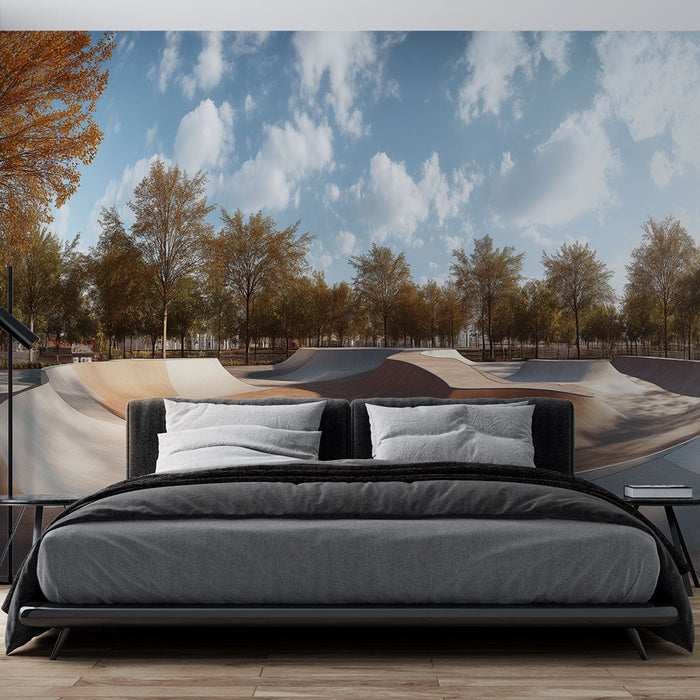 Carta da parati skatepark | Un arredamento dinamico con un moderno skatepark sotto un cielo blu