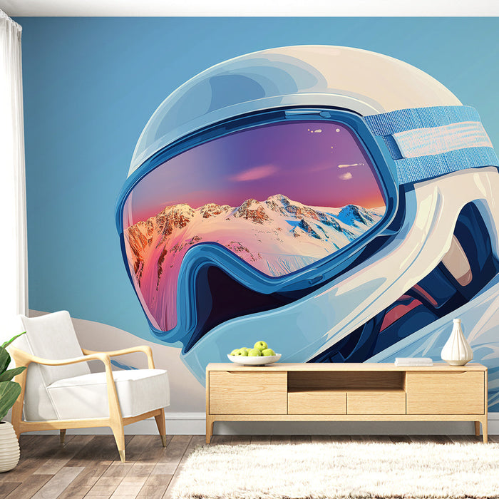 Foto Behang ski | Moderne skihelm met besneeuwde landschappen in reflectie