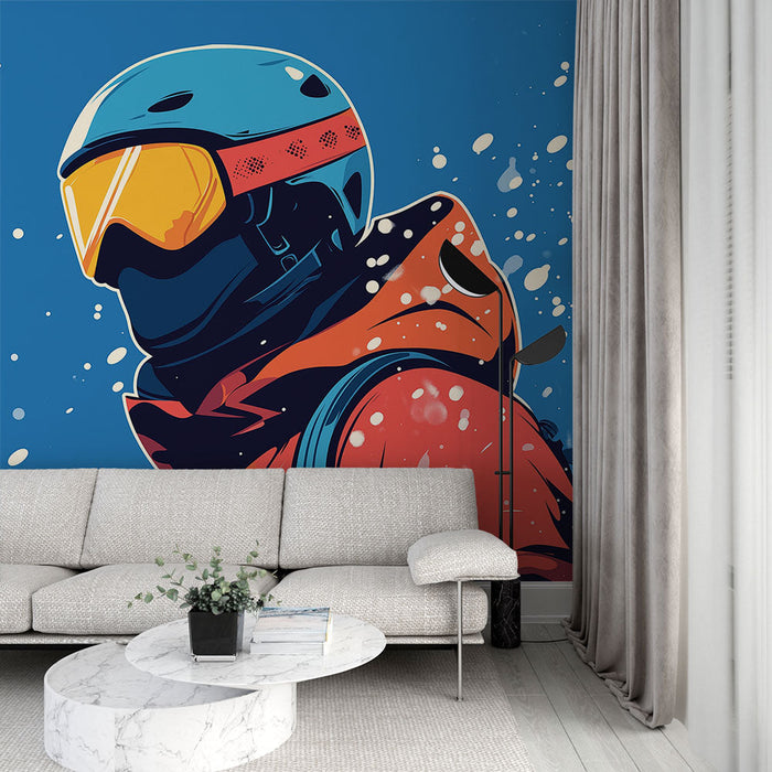Tapeta narciarz | Dynamiczna ilustracja narciarza w akcji na niebieskim tle