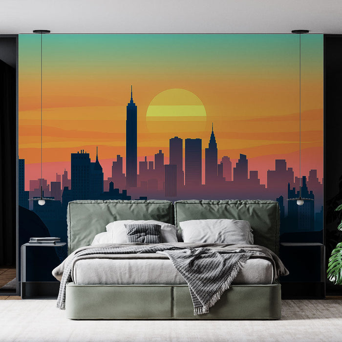 Tapete Skyline von New York bei Sonnenuntergang | Städtische Silhouetten in orangen und lila Schattierungen