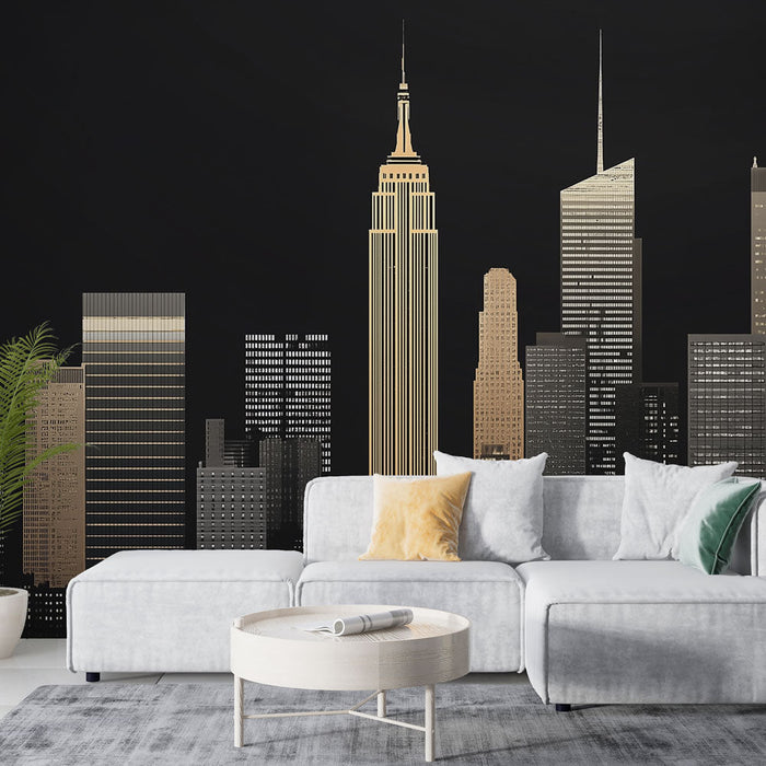 Papel pintado skyline de Nueva York | La icónica silueta de rascacielos iluminados sobre un fondo negro