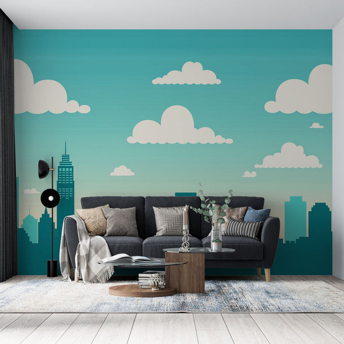 Тапет с градски пейзаж на Ню Йорк | Стилизирани силуети на небостъргачи под ясно синьо небе