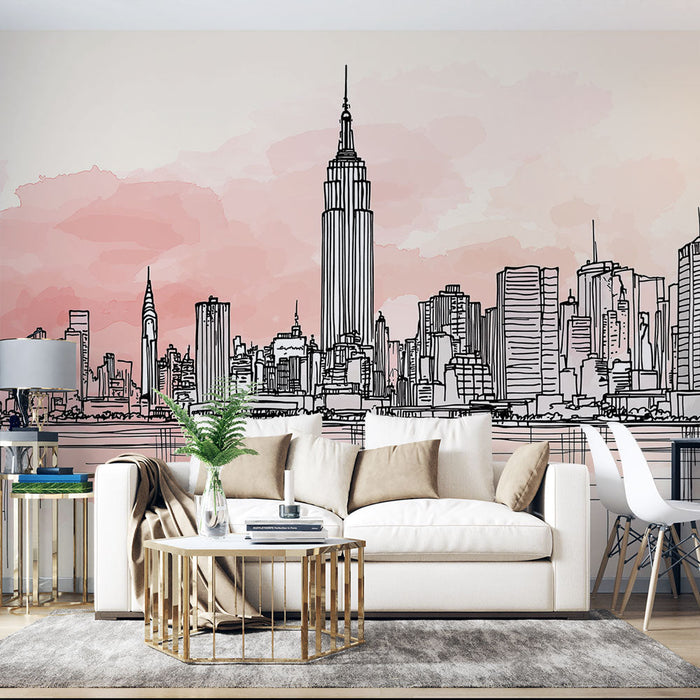 Tapet cu silueta orașului | Silueta orașului cu atingeri roz de acuarelă.
