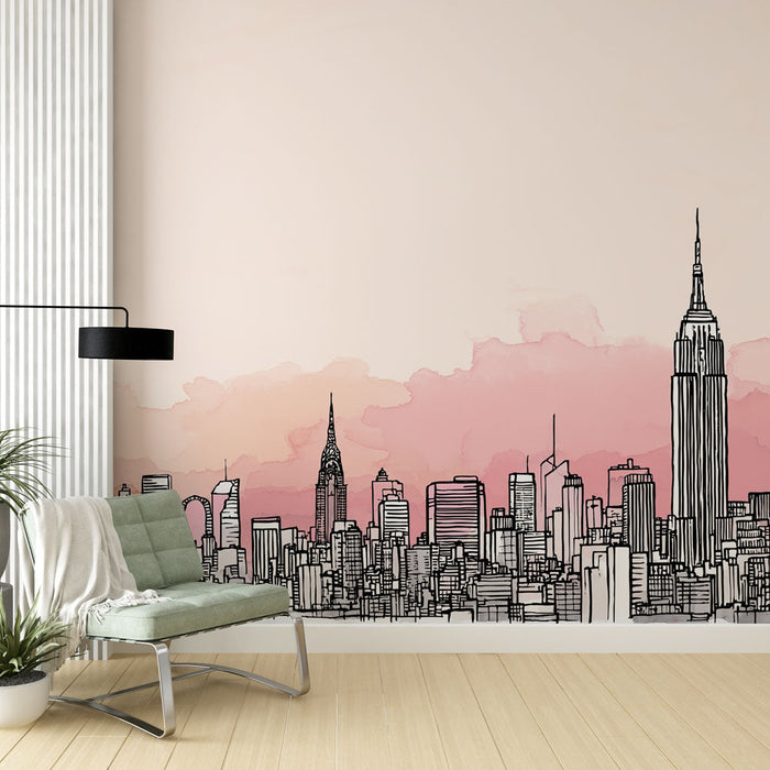 Fototapet bysilhuett | By silhuett med rosa nyanser