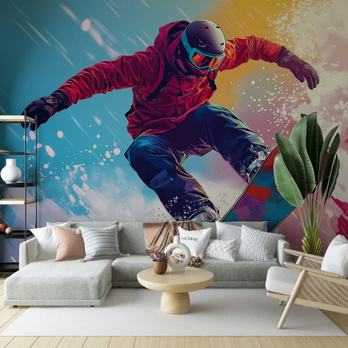 Foto Behang snowboard | Een skiër in volle actie op een kleurrijk canvas
