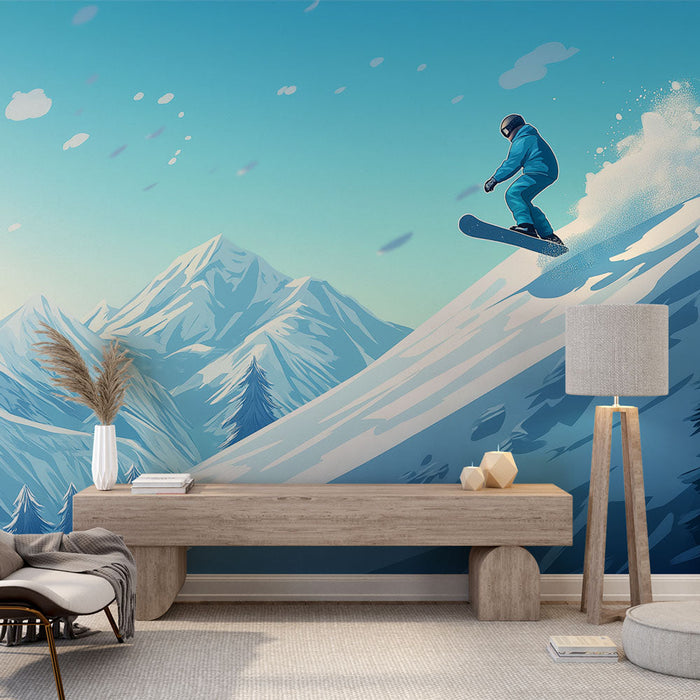 Ταπετσαρία snowboard | Ένας ζωντανός snowboarder σε ένα χιονισμένο βουνό