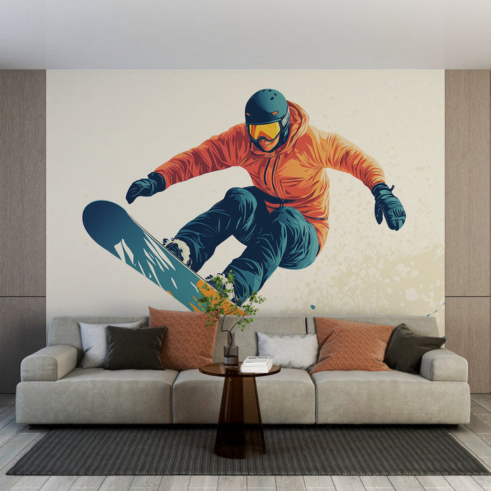 Carta da parati snowboard | Uno sportivo che si lancia sulla sua tavola con energia