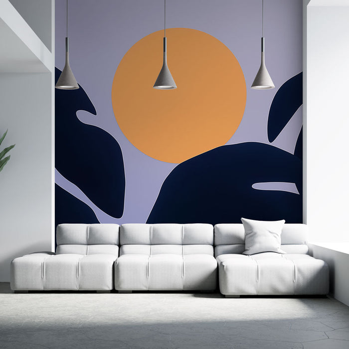 Falfestmény nap és lombozat | Modern illusztráció egy napfelkeltéről stilizált levelekkel