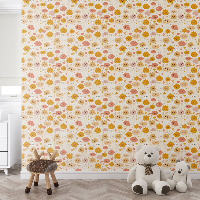 Fototapeet päike ja pilved | Rõõmus muster naeratavate nägude ja värviliste lilledega