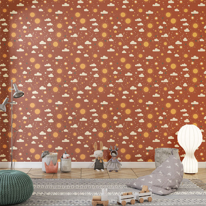Sonne und Wolken Tapete | Verspieltes Motiv von Sonnen und Wolken auf braunem Hintergrund