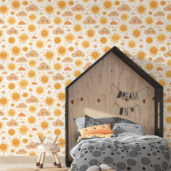 Carta da parati sole e nuvole | Allegri motivi di soli e nuvole sorridenti