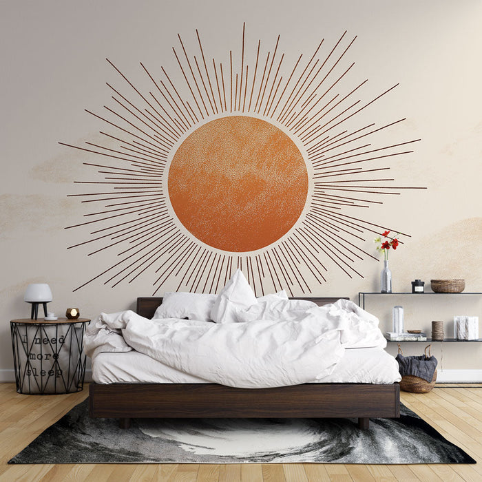 Tapeta slunce | Stylizované slunce se teplými paprsky na neutrálním pozadí