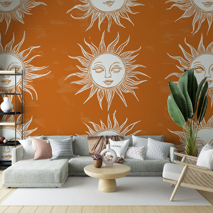 Päikesetapeet | Stiiliseeritud päikesenägude muster oranžil taustal