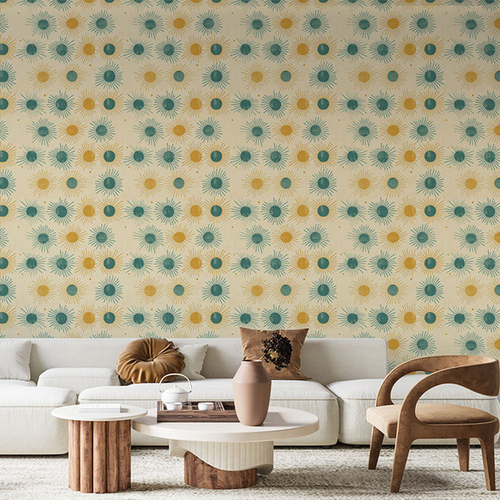 Carta da parati sole | Motivo allegro di soli colorati su sfondo crema