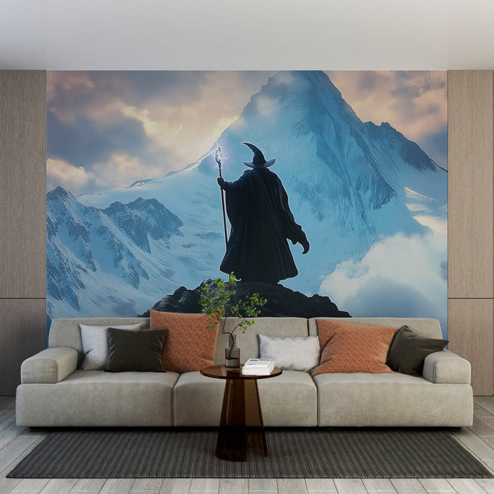 Tapeta czarodziej | Magik na ośnieżonej górze pod dramatycznym niebem