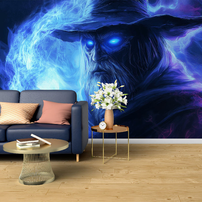 Mural Wallpaper wizard | Mystical wizard with bursts of blue and purple light