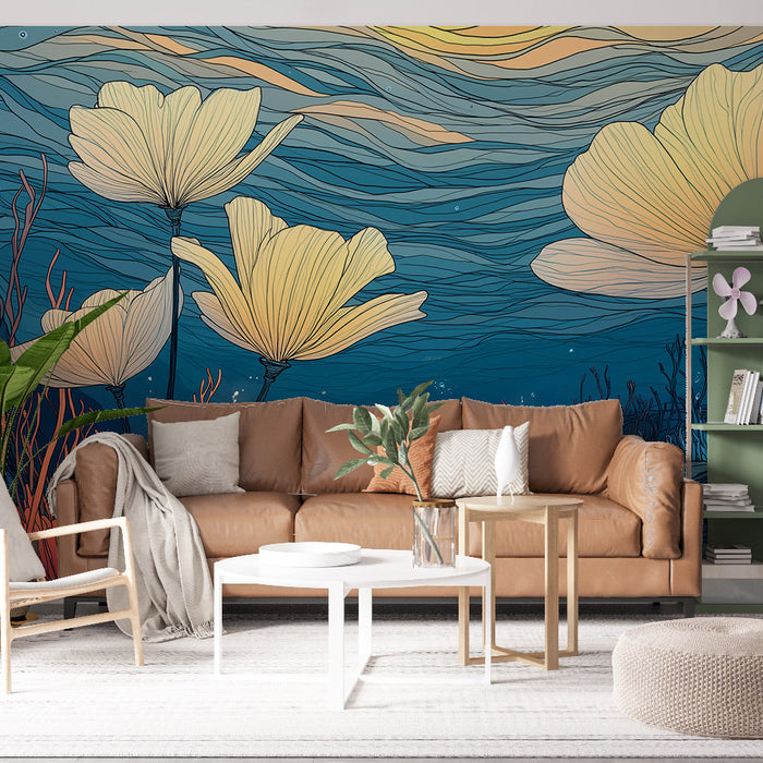 Подводен мурален тапет | Плуващи цветя в акватичен свят