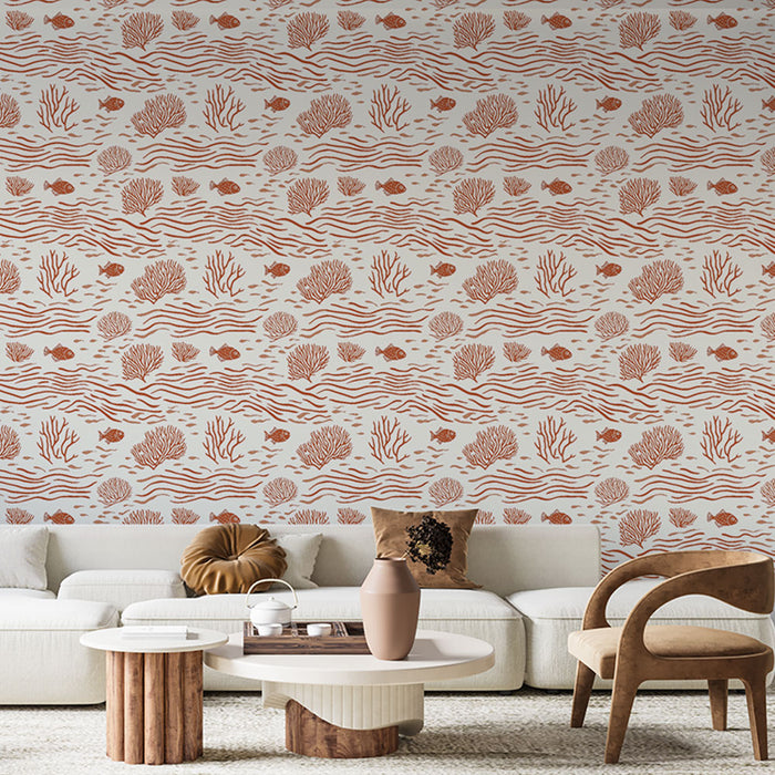 Подводен мурален тапет | Риба и коралови модели в теракотни нюанси