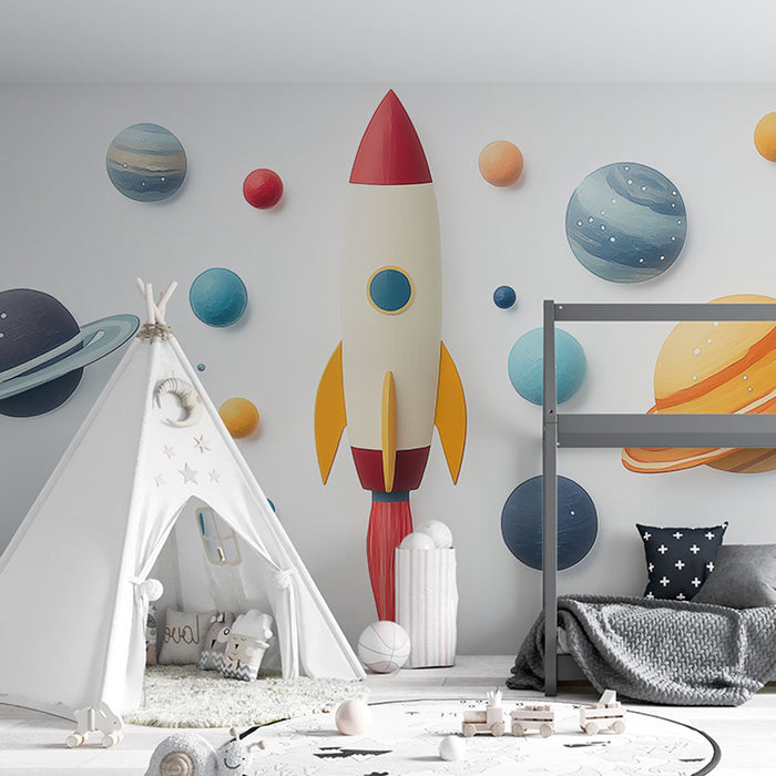 Mural Wallpaper space | Colorful embossed rocket and planets