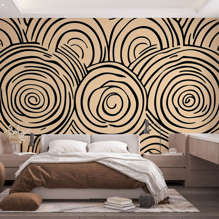 Tapeta spirály | Černý vlnitý vzor na béžovém pozadí