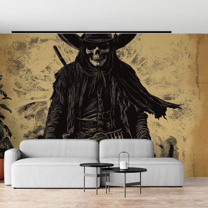 Tapete каубойски скелет | Художествена илюстрация на скелетен каубой в черно и златно