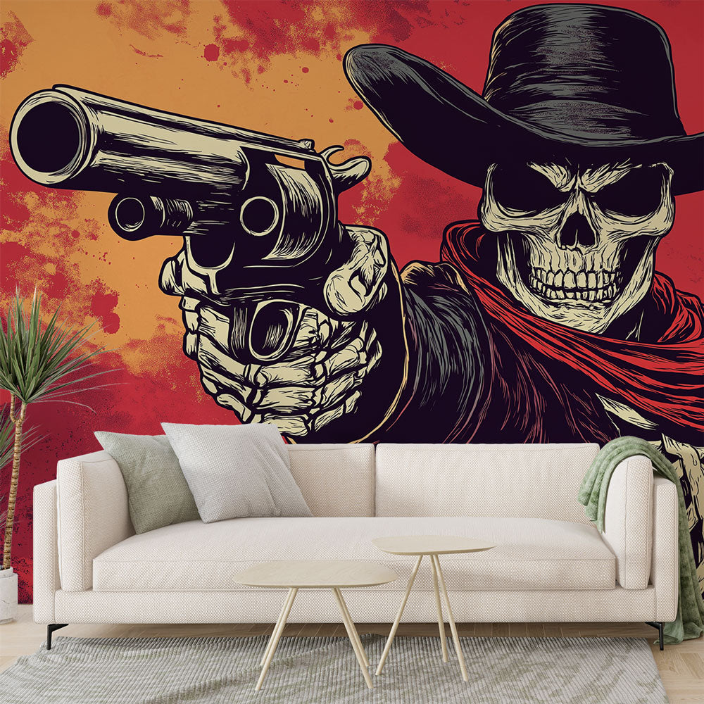 Carta da parati scheletro | Uno scheletro cowboy con una pistola su un —  WonderMural, image size:1000x1000