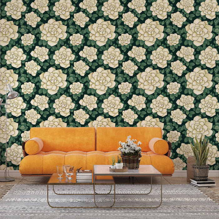 Fototapeet sukulentidega | Kreemjad sukulentide õied sügaval rohelisel taustal