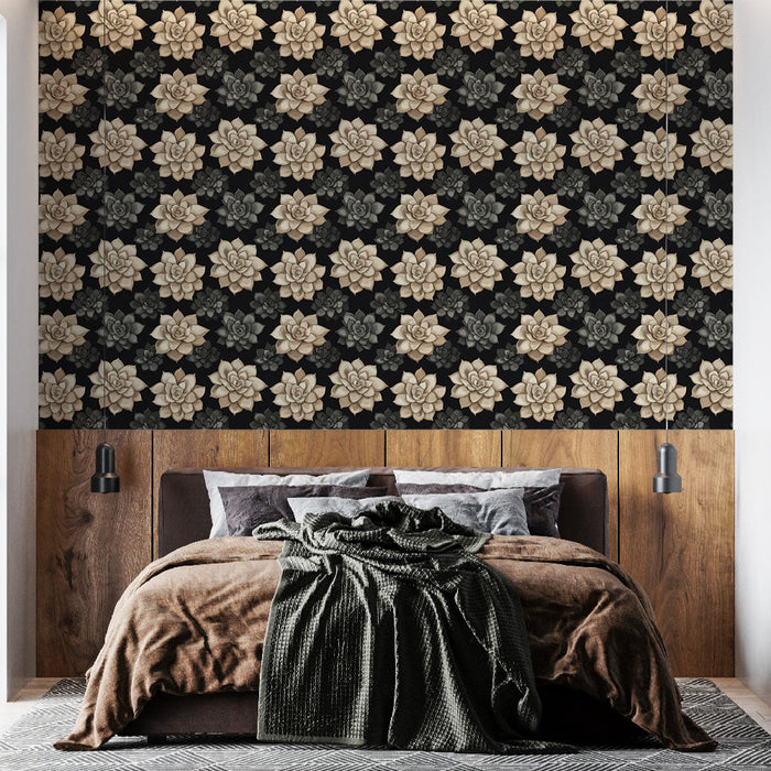 Fototapet sukkulenter | Sukkulentblomstermønster i neutrale nuancer på en sort baggrund