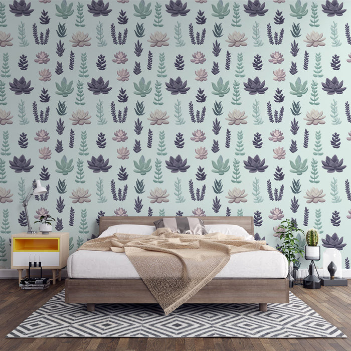Carta da parati con succulente | Motivi vegetali pastello su sfondo delicato