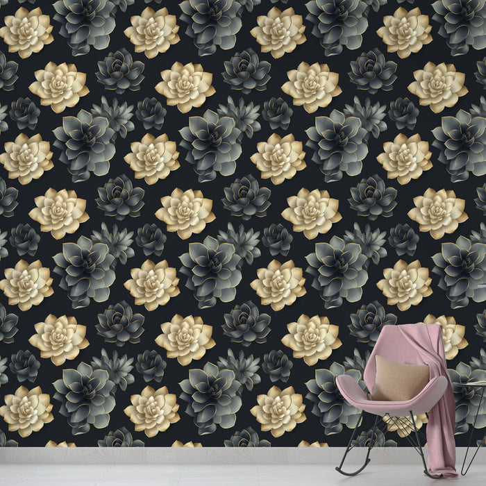 Tapet cu suculente | Modele suculente aurii și gri pe un fundal negru