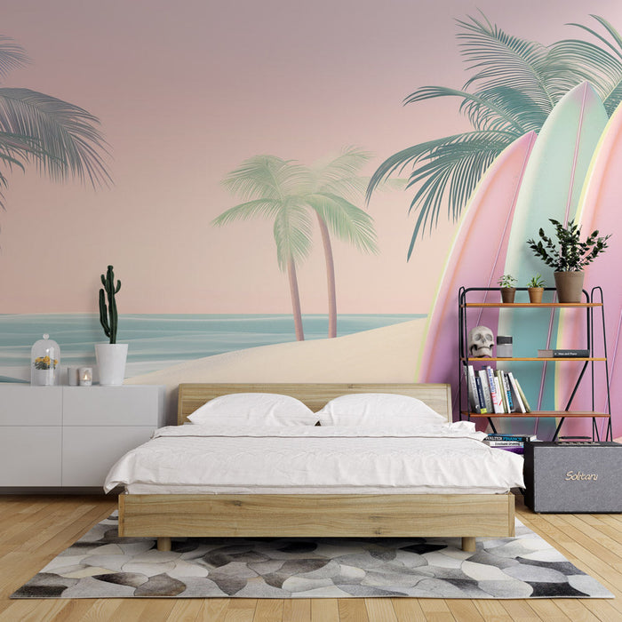 Surf Mural Wallpaper | Pastel Drawing of Boards and Beach