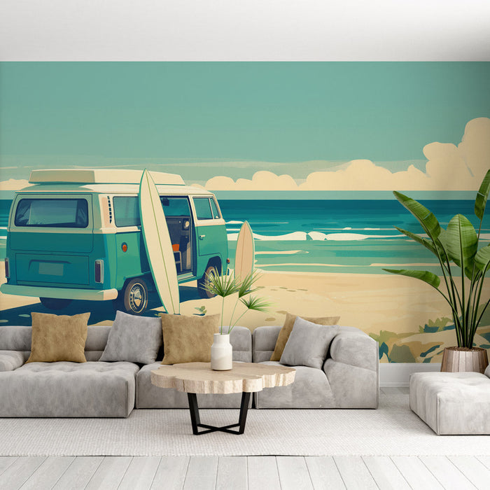 Surf Mural Wallpaper | Plaža in kombi ob obali