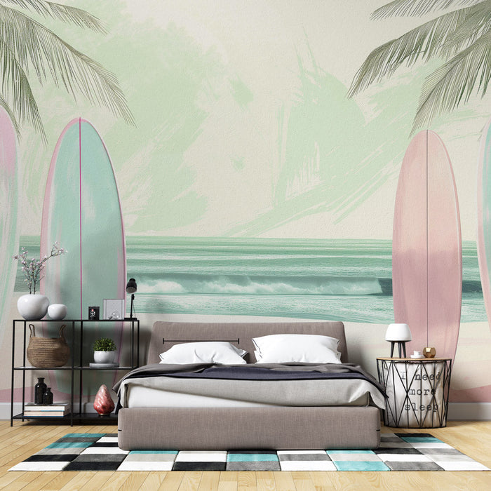 Papel pintado de surf | Dibujo en tonos pasteles de tablas y palmera de coco