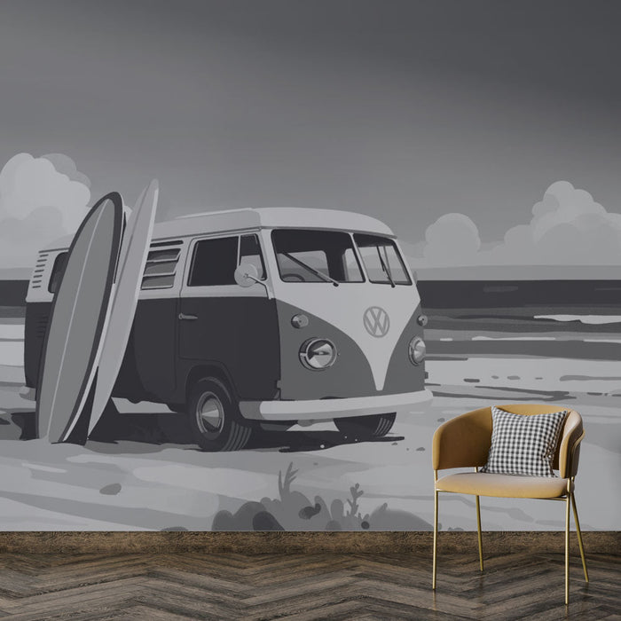 Papel de parede surf | Combi e praia preto e branco