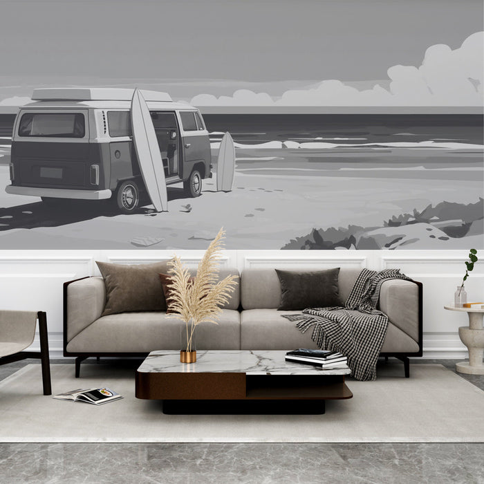 Mural Wallpaper surf | Beach and van by the sea black and white