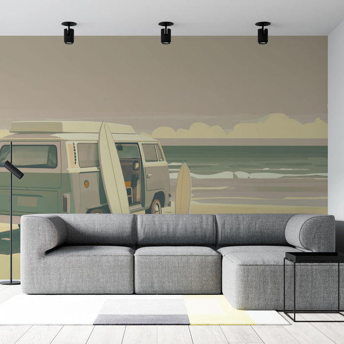 Tapetti surf | Ranta ja pakettiauto ruskealla pastellimerellä