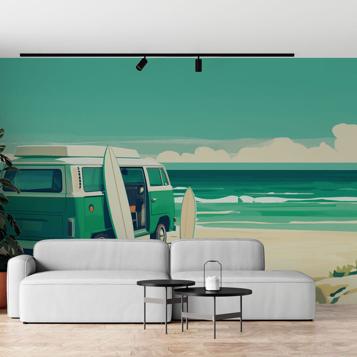 Tapet mural surf | Plaja și furgonetă lângă marea verde