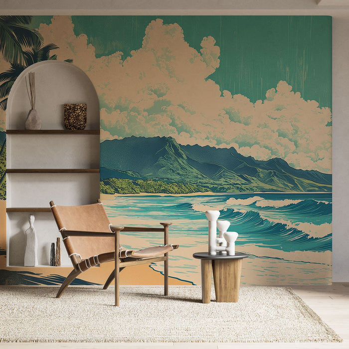 Carta da parati surf | Spiaggia tropicale con surfista