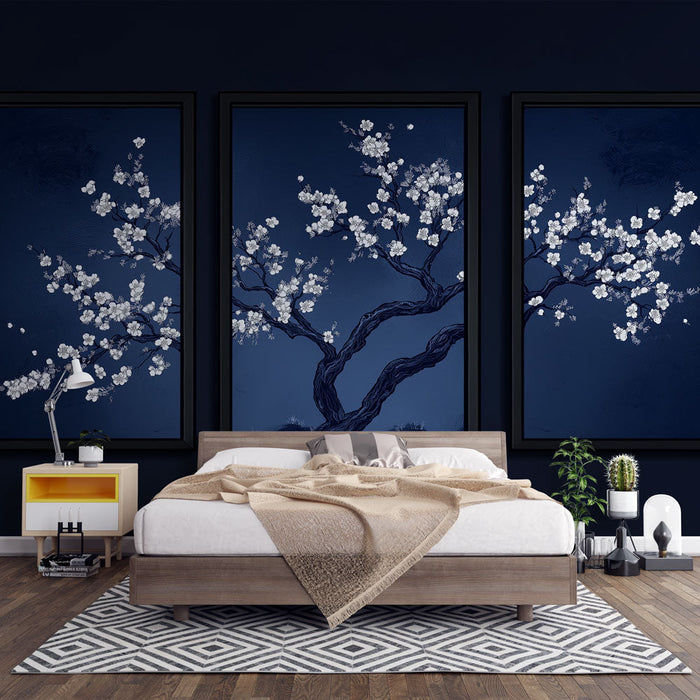 Fototapet vægmaleri | Hvid kirsebærgren på dybblå baggrund